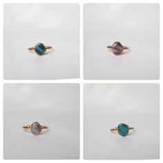 four pictures of different types of rings in gold and blue colors, each with an oval stone