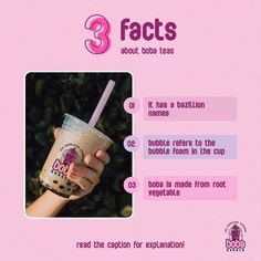 a pink poster with an image of a hand holding a bubble tea in it's right hand