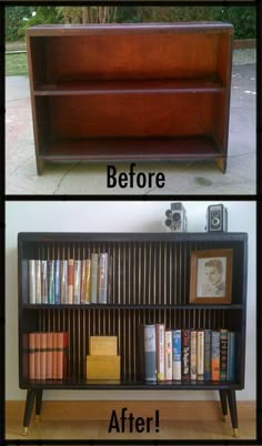 the before and after of an old bookcase turned into a bookshelf with wood slats