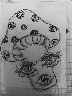 a black and white drawing of a woman's face with circles on her head