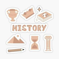 stickers with the words history written in different languages and icons, including an hourglass,