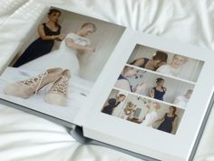 an open book with pictures of women in wedding dresses and shoes on the cover, sitting on a bed