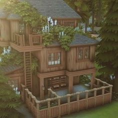 an artist's rendering of a wooden house in the middle of trees and bushes