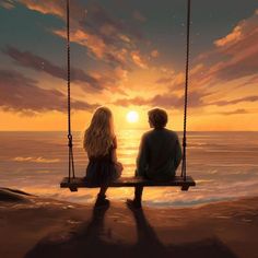 two people sitting on a swing looking out at the sunset over the ocean and beach