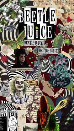 a collage of images and words with the title beetlejuice written in it