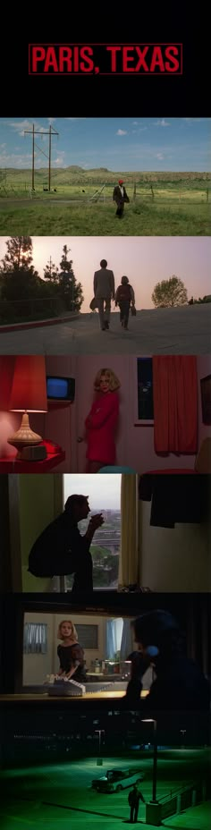 the movie poster for paris texas is shown in three different frames, with one man standing on