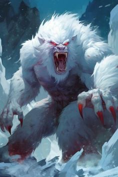 a white furry creature with red eyes and claws