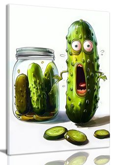 a pickle with its mouth open next to some pickles in a glass jar