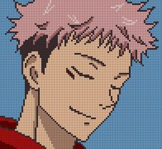 a pixellated image of a man with pink hair and spiky hair on his head