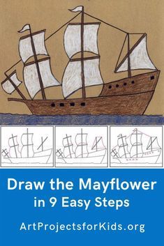 a drawing of a boat with the words draw the mayflower in 9 easy steps