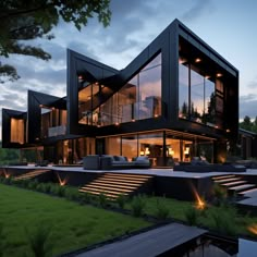 a large modern house with lots of windows