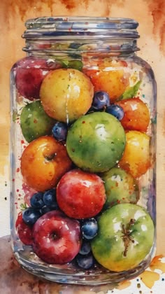 a painting of apples and blueberries in a jar