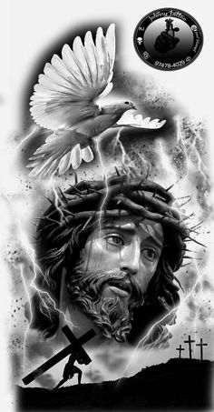 a black and white drawing of jesus holding a cross