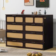 Unique Design Full Size Murphy Bed With Large Drawers Foldable Cabinet, Organized Room, Full Murphy Bed, Rattan Pattern, Elegant Cabinet