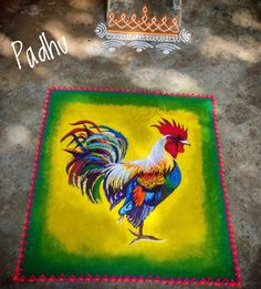 a painting of a rooster on the ground with words paddhu written below it