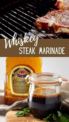 steak marinade on a cutting board next to a jar of barbecue sauce and a bottle of whiskey