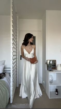 Long Silk Dress Aesthetic, Old Money Long Dress, White Satin Maxi Dress, White Silk Dresses, Silk Dress White, White Silk Dress Aesthetic, Long White Graduation Dress, Long Silk Dress Outfit, Silky White Dress