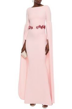 SAFIYAA SAFIYAA WOMAN BELTED FLORAL-APPLIQUÉD CREPE GOWN PASTEL PINK. #safiyaa #cloth Luxury Long Sleeve Pink Gown, Designer Pink Dress With Cape Sleeves, Pink Cape Sleeves Evening Gown, Elie Saab Pink Dress, Elie Saab Pink Gown, Stretch Crepe, Sky High, Belts For Women, Black Tie