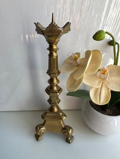 a gold candle holder with flowers in it on a white table next to a potted plant