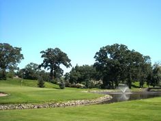 a golf course with water spouting from the hole and trees in the background