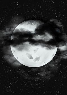 a full moon with clouds and stars in the night sky, black and white photograph