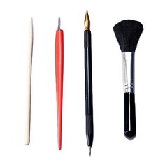 three different types of makeup brushes lined up on a white surface with one black brush and the other red