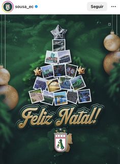 a christmas tree with pictures hanging from it's sides and the words feliz natti written below