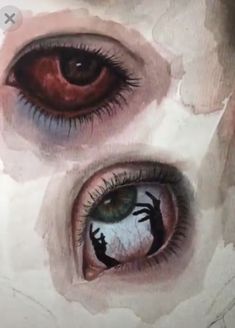 an eye with two hands painted on the iris and one hand holding another's eyes