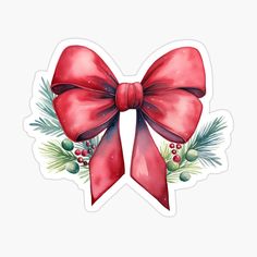 a red bow with holly and berries sticker on a white backgroung