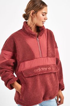 Cozy Tops With Pockets For Cold Weather, Red Winter Tops With Pockets, Red Fleece Jacket For Fall, Red Fleece Jacket With Fleece Lining For Winter, Red Winter Fleece Jacket With Fleece Lining, Adidas Outerwear For Cold Weather, Adidas Winter Outerwear For Cold Weather, Red Fleece Winter Outerwear, Fall Red Sweatshirt With Pockets