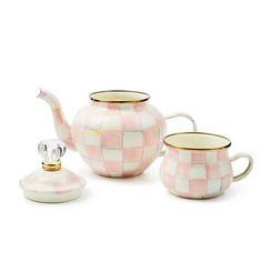 three pieces of pink and white ceramic tea set