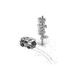 a drawing of a van driving down the road next to a signpost with directions