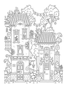 a drawing of a house with trees and flowers on the outside, in black and white