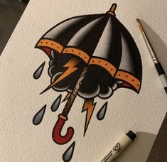 a drawing of an umbrella with raindrops and lightning coming out of the top