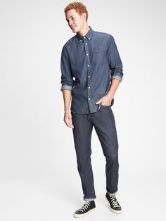 Fit: Cut roomier through the hip & thigh with a tapered leg opening. ​ Fabric: 12. 5 oz 354 g) stretch denim.  Stretch: GapFlex Medium Stretch.  Made for all-day flexibility & ease.  ​Looks authentic.  Feels lived in.  Won't stretch out. ​ Look: A classic five-pocket jean in a medium indigo wash.  Details: Zip fly & five-pocket styling.  Responsibly Made: This pair of jeans is part of our water-saving Washwell program.  Compared to conventional wash methods, Washwell has saved millions of liters Autumn Fashion Work, Getting Stuff Done, Taper Jeans, Athletic Build, Athletic Fit Jeans, Water Saving, Man Fashion, Mens Fashion Casual Outfits, Tapered Jeans