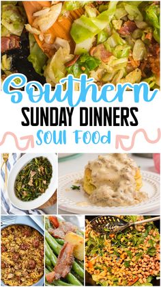 the southern sunday dinner menu with pictures of different dishes and vegetables on it, including salads