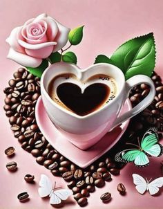 a cup of coffee with a heart on it surrounded by coffee beans, butterflies and roses