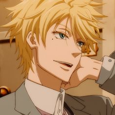 an anime character with blonde hair and blue eyes wearing a suit, looking at the camera