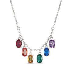 Oval-Cut Lab-Created Gemstone Rainbow Drop Necklace Sterling Silver 18"|Kay All About Jewelry, Multicolor Oval Necklace With Gemstone Accents, Elegant Rainbow Necklaces With Gemstone Accents, Silver Necklace With Gemstone And Lab-created Ruby, Rainbow Gem Necklace, Rainbow Gemstone Pendant Necklace, Kay Jewelry, Emerald Blue, Crystal Jewelry Sets