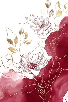 an abstract painting with flowers and gold lines on white, red and pink watercolor background