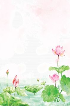 watercolor painting of pink lotus flowers and green leaves in front of a light blue background