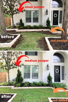 the before and after pictures of a front yard landscaping project with trees, shrubs, grass and