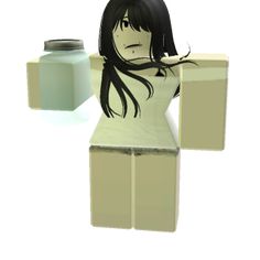 a woman with long black hair standing in front of a green box and blue bottle