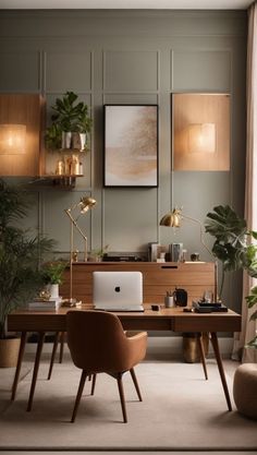 a desk with a laptop on it in front of some plants and potted plants