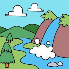 an image of a cartoon waterfall in the woods