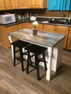 two stools sit at the center of a kitchen island