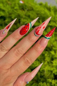 Fruity Summer Nails, Long Summer Nails 2024, Nail Designs Floral, Nails Verano, Vibrant Summer Nails, Watermelon Nail Designs, Watermelon Nail, Acrylic Nail Designs Classy, Watermelon Nail Art