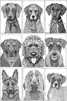 six different dogs with their faces drawn in black and white