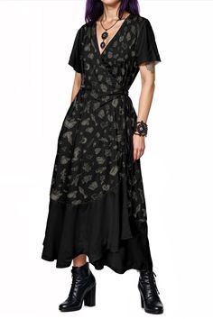 A gothic woman wearing a witchy maxi length wrap dress in black and gray with a spooky print featuring magick potions and witchcraft symbols Witchy Dresses, Gothic Autumn, Witchy Spells, Witchy Dress, Gothic Dresses, Gothic Pattern, Occult Symbols, Magick Spells, Witch Fashion