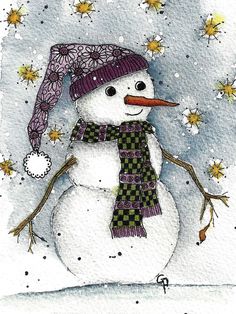 a snowman wearing a purple hat and scarf with stars in the sky behind it